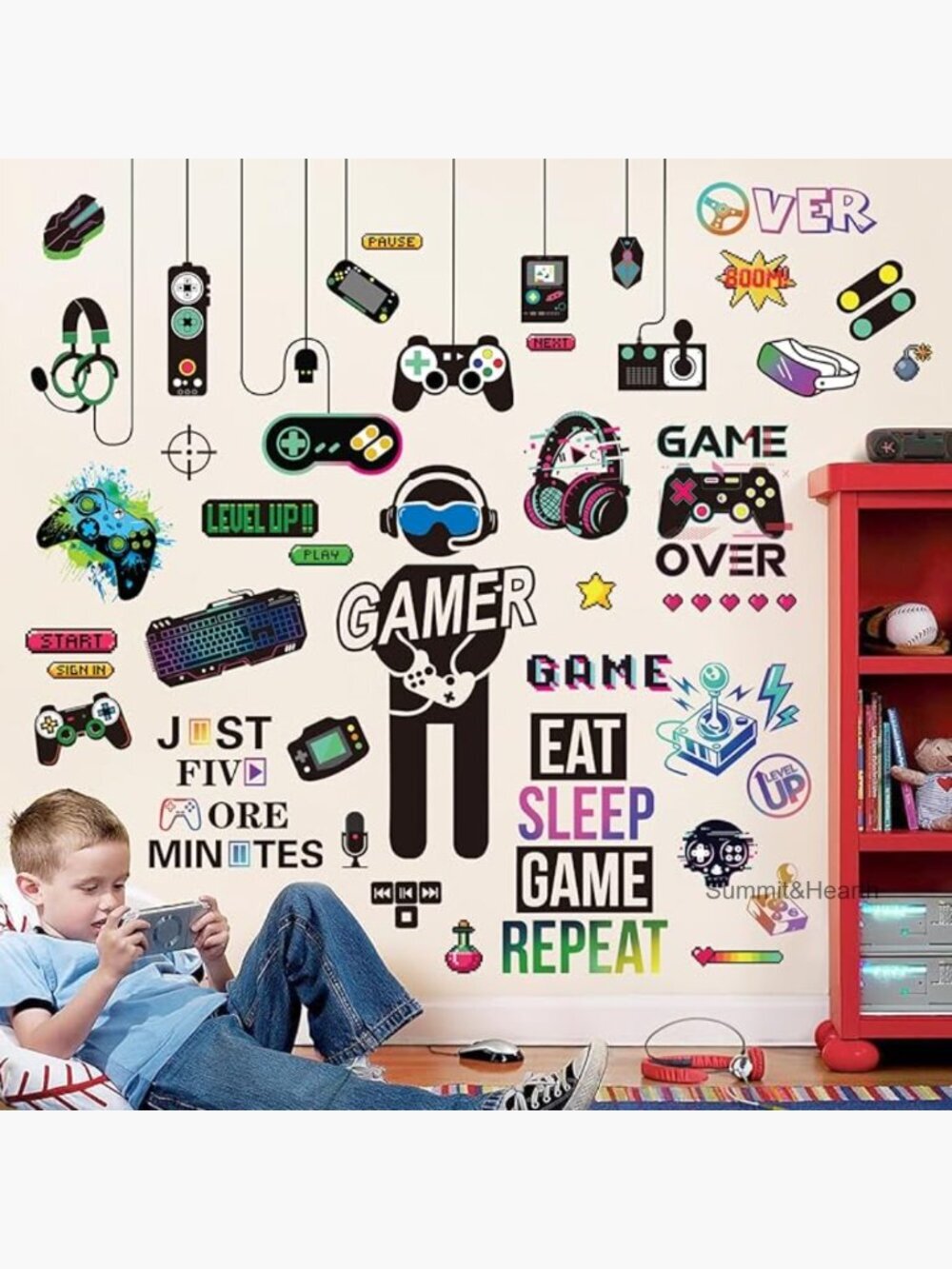 Gamer Wall Decals - 8 Sheets Removable Waterproof PVC Stickers for Bedroom Decor